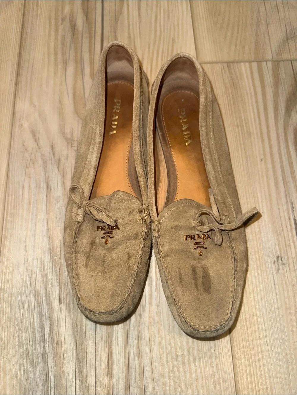Prada Beige Suede Bow Moccasin Loafers
